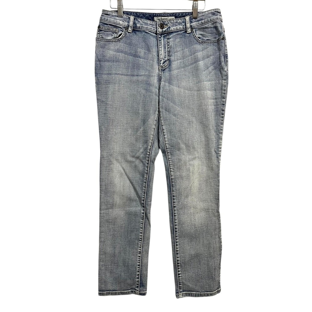Chicos Platinum Denim Jeans Womens Size M Short Light Wash Straight Stretch Blue